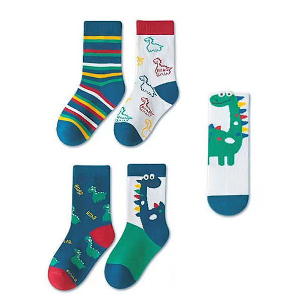 5 par barnsockor i midcalf-höjd med söta tecknade dinosauriemönster, accessoarer för 6-8 år gamla