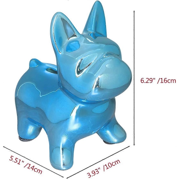 Keramisk Bulldog Spargris för Pojkar Flickor, Pengabox för Barn, Myntbank Minnessak med Plastpropp, Fransk Bulldog Sparbössa, Barnrumsinredning (Blå)
