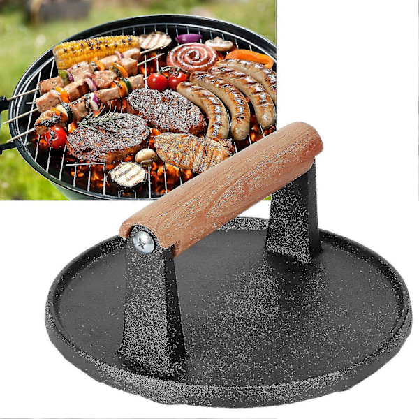 Gjutjärns Grillpress Biff Bacon Viktpress Barbecue Grillpress Med Trähandtag (rund & rektangel) Rund