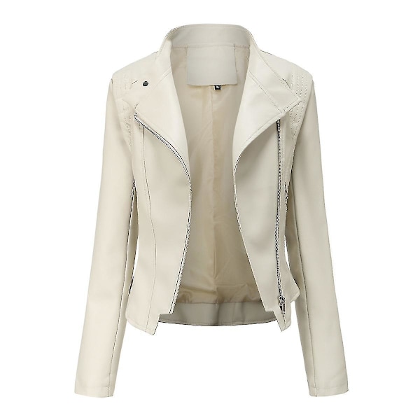 Stylish Women's Slim Fit Faux Leather Biker Zip Jacket L Off white