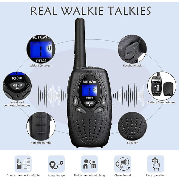 RT628 Svarta Walkie Talkies för Barn 1 Par, Lång Räckvidd VOX Knapplås Leksaker Presenter för Födelsedag och Helg, Lätt att Använda för Camping, Vandring