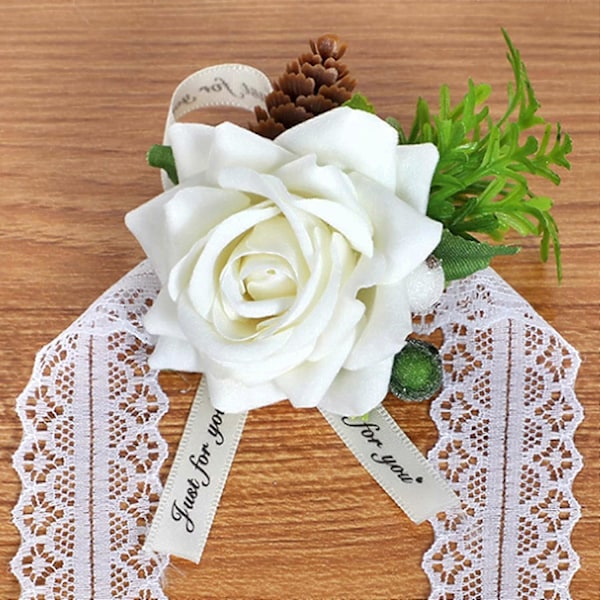 Håndleddsblomster til bryllup - 2 stk. Brudepike Silke Håndleddsblomst Brude Corsage Bryllupsseremoni Dekorasjonstilbehør (Hvit)