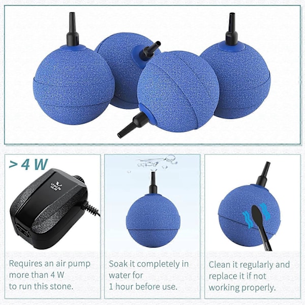 Akvarium 5cm Blå Luftstein Ball Boble Diffuser Utløserverktøy for Luftpumper Akvarier Bøtter Dammer og DWC Tanker, Sett med 4