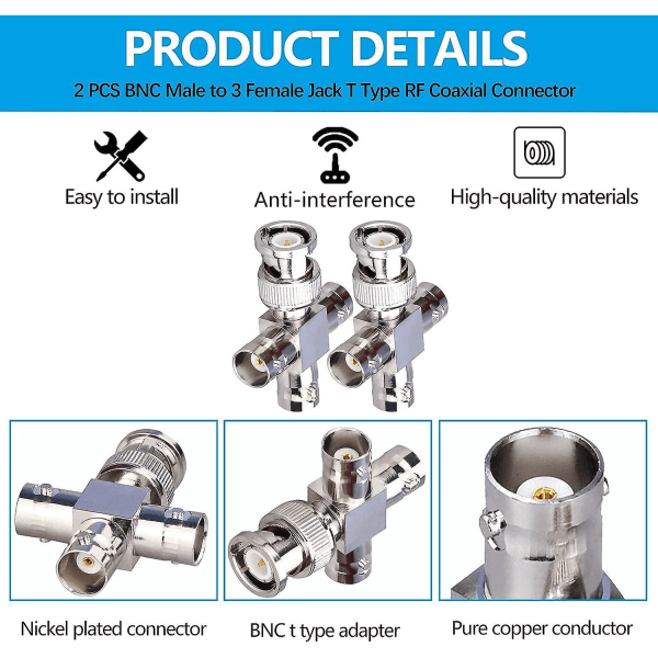 2-pack BNC hane till 3 hona T-typ RF koaxialkontakter, 4-vägs splitter koaxialadapter för sändnings-/förlängningskabel, T-formade BNC T-anslutningar