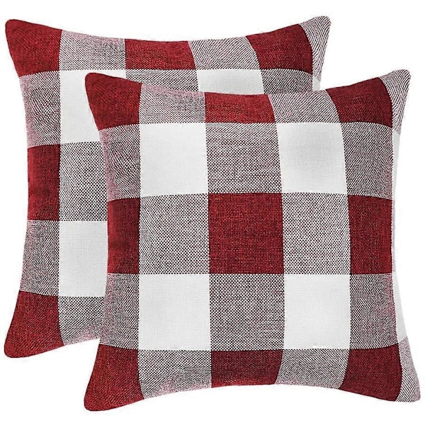Sett med 2 Farmhouse Buffalo Check Plaid Pynteputetrekk Putetrekk Polyester Lin for Julehjem Dekor Rød og Hvit, 45 x 45 cm
