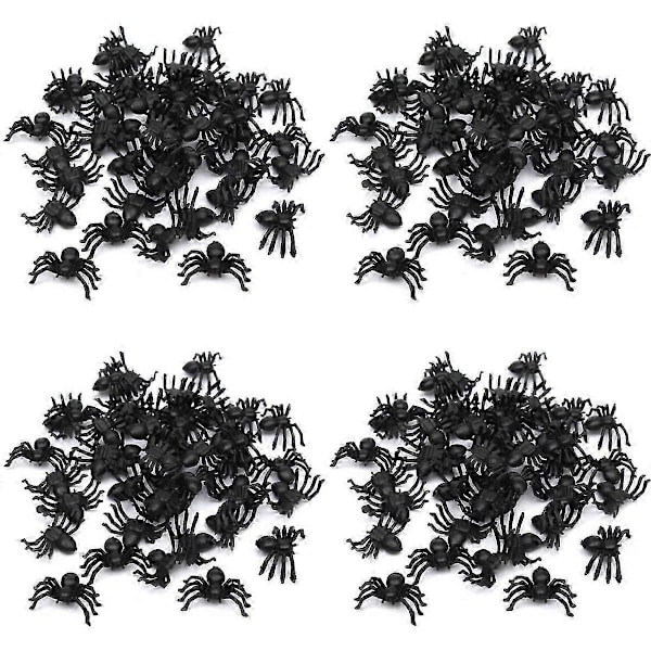 200X Plastik Sort Edderkop Trick Legetøj Halloween Spøgelseshus Prop Dekoration
