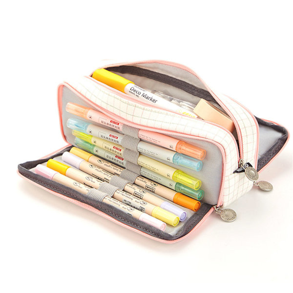 Large Capacity Pencil Case Multi Pocket Double Opening Cute Stationery Bag for Student School Pink White Small Grid