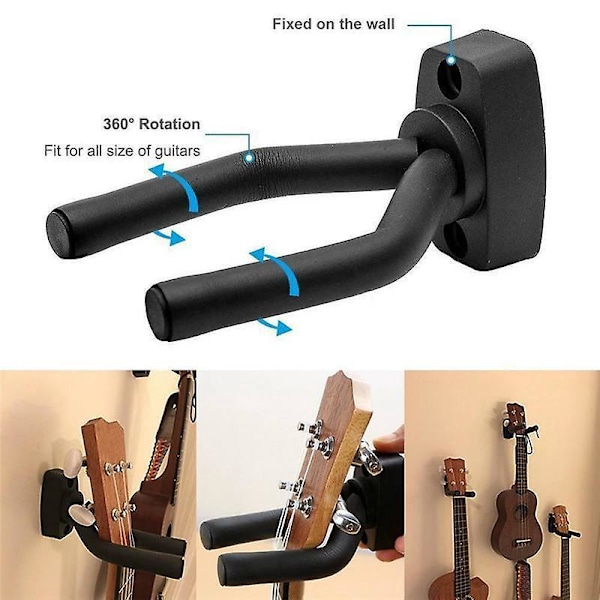 6-pakks veggmonterte kroker for akustisk gitar, ukulele, bass, mandolin og banjo - Svart veggfeste
