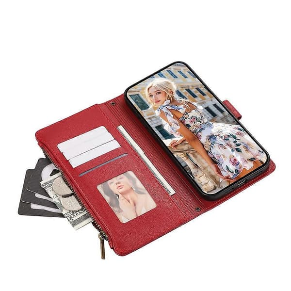 Compatible Case for Samsung Galaxy A56 5G, Multi-Slot, Zipper, Leather Case with Wrist Strap Red