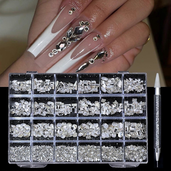 Set med 24 Diamanter för Nagelkonst Grunda Nageldekorationer Diamantillusion Nagelform Lyx 01VitDiamant