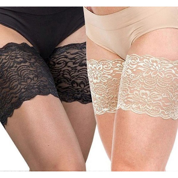Elastiske Anti-Gnidnings Lårbånd Silikone Skridsikker Blonde Strømpeforing 2 Par (E, Sort og Hudfarve)