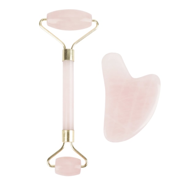 Luonnollinen Double Head Rose Quartz Jade Stone Roller & Scrapping Plate Face Hierontatyökalusarja
