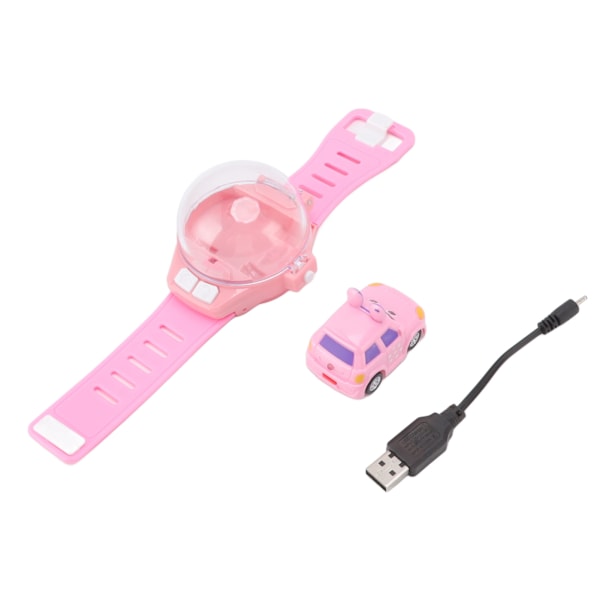 Titta på RC-bil USB-laddning Cartoon Cute Mini RC-bilmodellleksak med klockfjärrkontroll för över 3 år gammal rosa