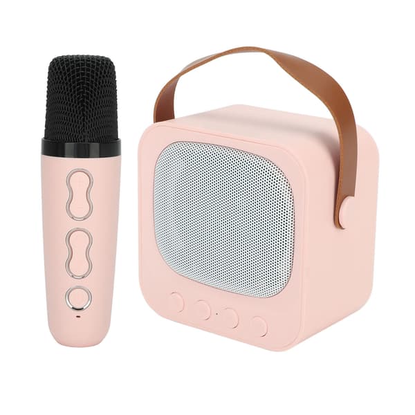 Mini karaokemaskin bärbar Bluetooth-högtalare med trådlös mikrofon bas diskantjustering rosa