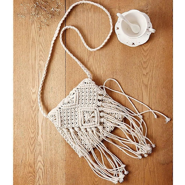 Veske med frynser og dusker, stråvevd, håndlaget Boho strandveske for kvinner