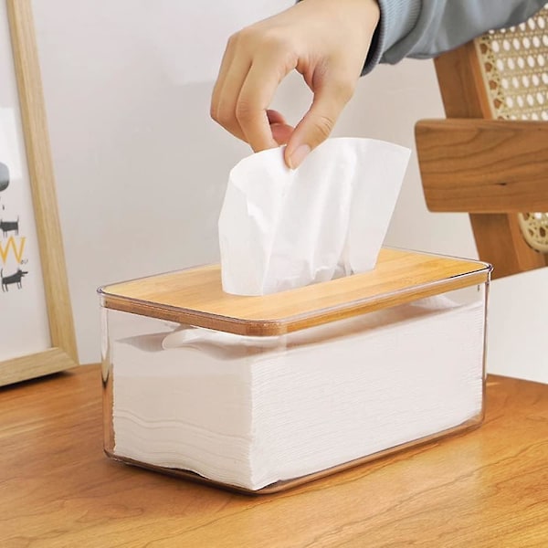 Bambuslåg Vævsæske Moderne Minimalistisk Design Transparent Beholder Vævsarrangør til Stue og Badeværelse