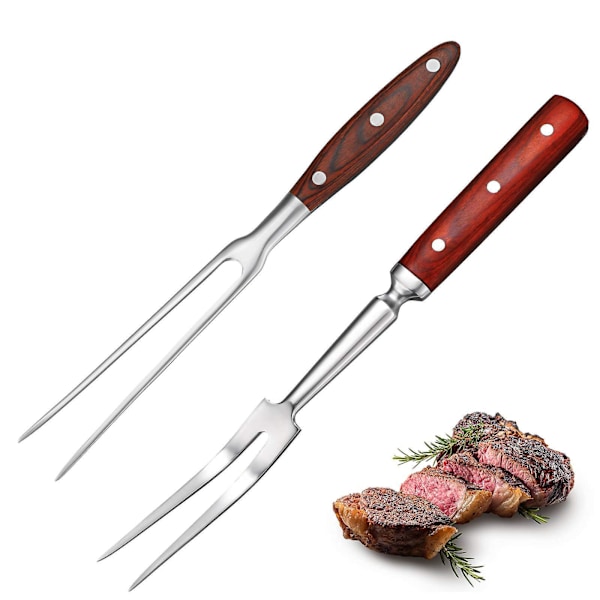 2-delt sett med smidde kjøttgafler i rustfritt stål med fargerike trehåndtak for grilling og steking 12 tommer 14 tommer