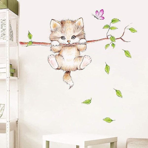 Söta katt djur väggklistermärke för barnrum - Skogsträd gren blommor design (30*60cm)