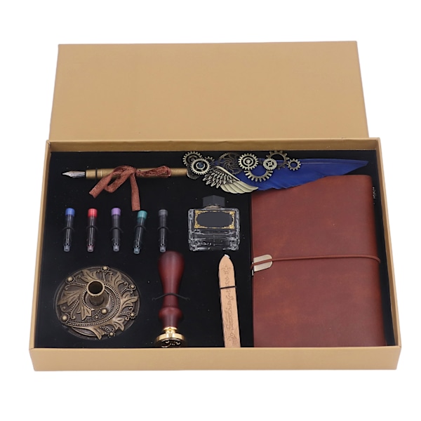 Feather Pen Sett Retro Exquisite Fire Paint Wax Tom Blekkflaske Blekkpose Base Bok Stempel Quill Pen Kit Royal Blue