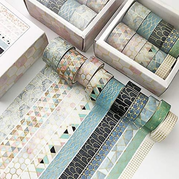 10 Rullar Tejp Set, Dekorativ Tejp, DIY Papperstejp, Samling för Hantverkare, Utsmycka Journaler, Kort och Scrapbooking (Geometri)