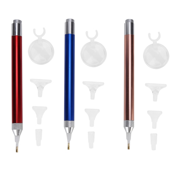 3 sett lysende diamantmalingspenner med forstørrelsesglass for 5D DIY diamantkunst med korssømbroderi