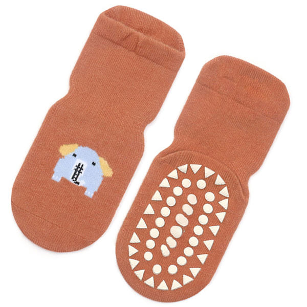 1 par barnsockor orange söt elefantmönster kammad bomull varma halkfria golvsockor för inomhus L (3 till 5 år gamla)