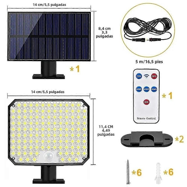 Ulkokäyttöön tarkoitettu aurinkokennovalaisin 118 LED-sensorilla, IP65 vedenpitävä, 3 tilaa, kaukosäädin puutarhaan, patiolle, autotalliin, ulkotilaan 106LED