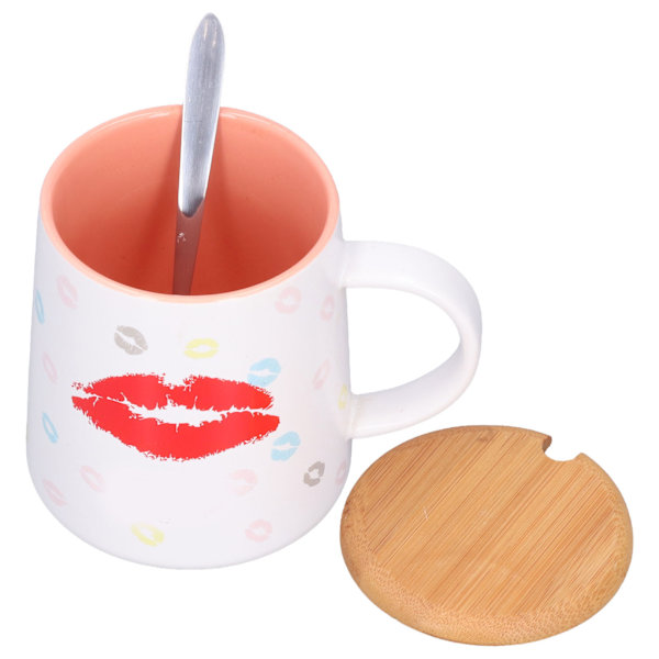 Keramisk krus kaffekopp 450ml Nydelig trykk te drikkekopp med skje trelokk for daglig bruk Rosa