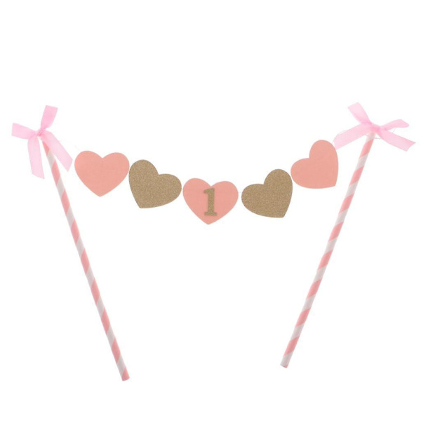 6 x Pinkki Kultainen Yksivuotias Hyvää Syntymäpäivää Kakun Koriste Lippuviiri Ensimmäinen Syntymäpäivä