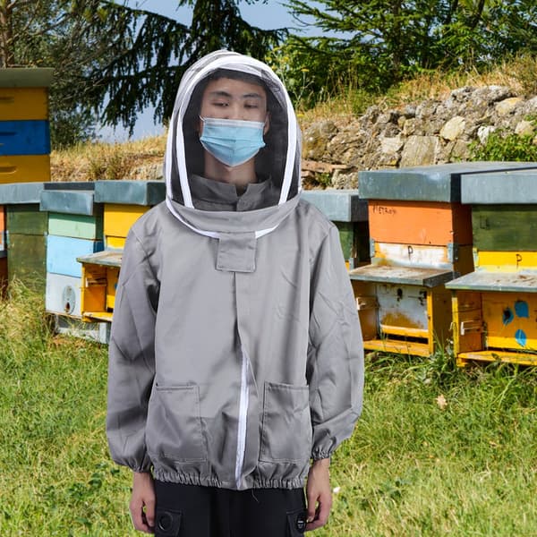 Biodlingsskyddsjacka med dubbla dragkedjor, biodlarutrustning, grå