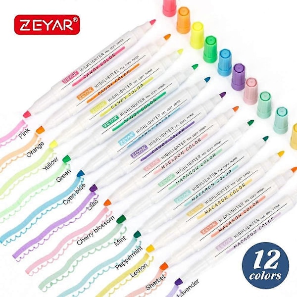 ZEYAR Overstregningstusser, Markerpen med dobbelte spidser, Mejsel- og fine spidser, 12 farver, Vandbaseret, Assorterede farver, Hurtigtørrende (12 farver)