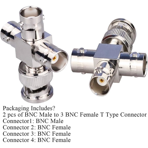2-pack BNC hane till 3 hona T-typ RF koaxialkontakter, 4-vägs splitter koaxialadapter för sändnings-/förlängningskabel, T-formade BNC T-anslutningar