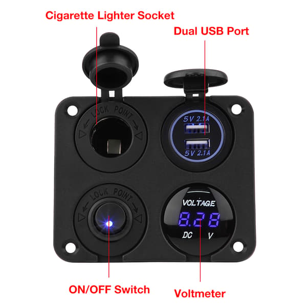 4-veis PÅ/AV-vippebryterpanel Dobbel USB-lader Sigarettenneruttak Voltmeter Blå LED