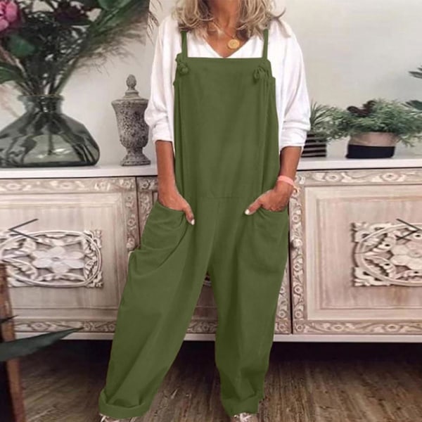 Women's Casual Loose Dungarees Jumpsuit - Comfortable Cotton and Linen Romper XXL Green