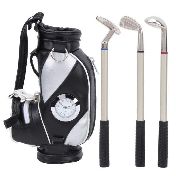 Mini Desktop Golf Bag Pen Klokke Sink Legering PU Lær med Golf Penner Suvenir Sett Gave Svart Sølv
