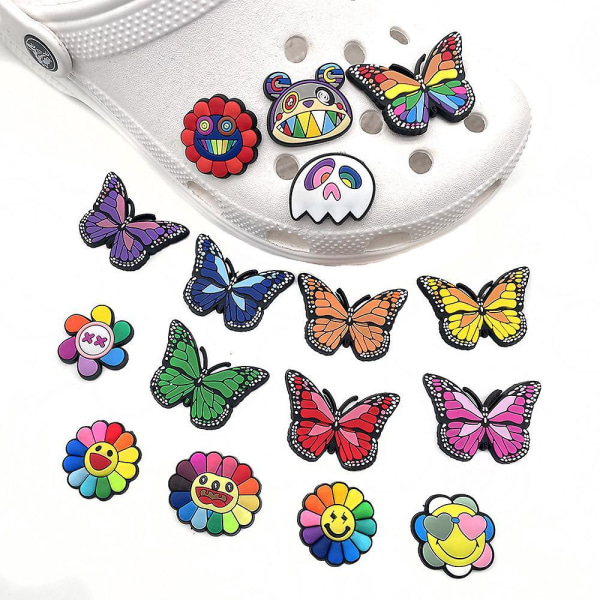 Blossom-serien med dekorative skosmykker - 16-delers sommerfugl- og solsikkedesign PVC-kork-smykker for Crocs