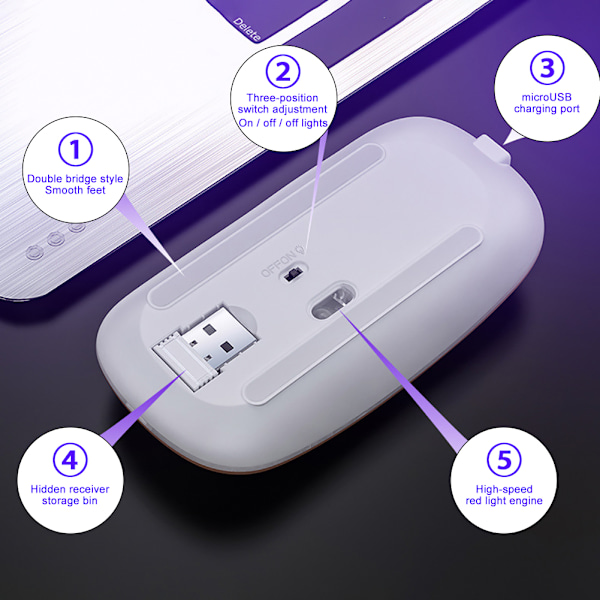 Ladattava hiiri langaton hiljainen LED-taustavalaistu hiiret USB optinen ergonominen pelihiiri PC-tietokonehiiri