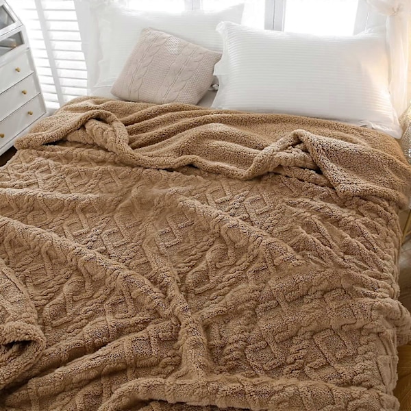 Sherpa Fleece Plaider, Vintertæpper, Vendbar Hyggelig Blød Plaider til Seng, Sofa, Stol, Store Jacquard Coral Fleece Plaider, 150x200cm
