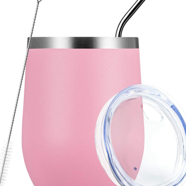 12oz 304 Rostfritt Stål Äggskalskopp Set U-formad Stor Mag Värmeisoleringskopp med Sugrör Koppslock Borste Rosa