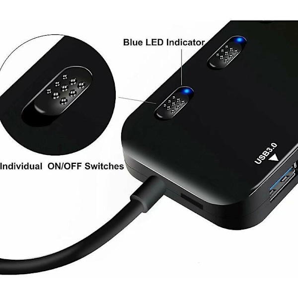 USB 3.0-hubb - 4 portar, strömförsörjd, 5 Gbit/s dataöverföringshastighet, strömbrytare och LED