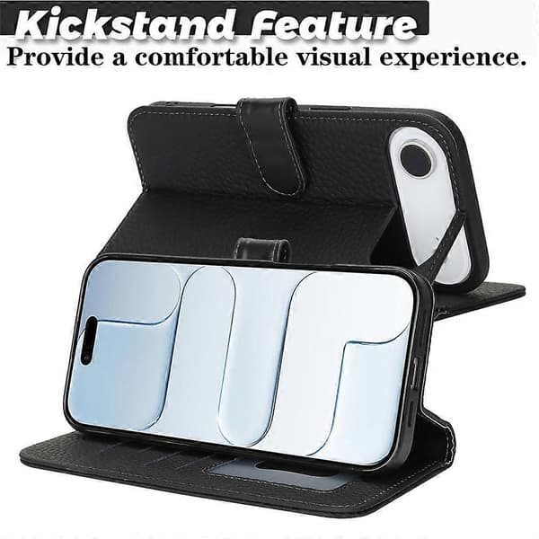 Compatible with iPhone Air Stand Case Litchi Texture Genuine Cowhide Wallet Case RFID Black