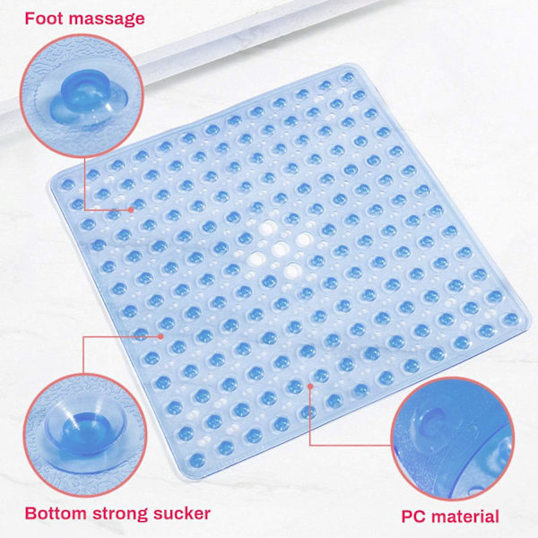 Sklisikker ekstra lang dusjmatte med sugekopper, PVC og gummi badematte, luktfri, dreneringshull, maskinvaskbar, badekarmatte (blå, 53 * 53)