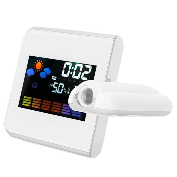 Inomhusprojektion LED-klocka Termometer Hygrometer Väderprognos Snooze Evighetskalender Vit