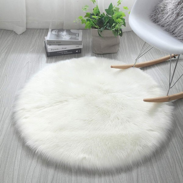 Hvitt rundt fuskepelsteppe, myk sklisikker matte for stue, soverom, sofa og gulv (60 x 60 cm)