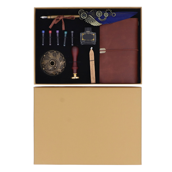 Feather Pen Set Retro Utsökt Fire Paint Wax Tom Bläckflaska Bläck Sac Bas Bok Stämpel Quill Pen Kit Royal Blue