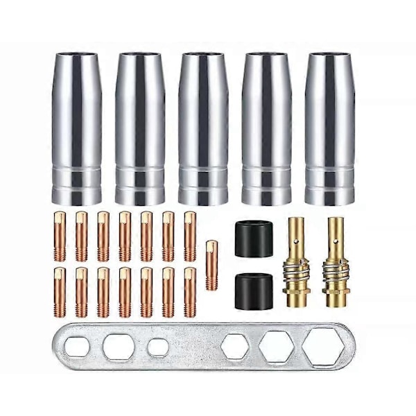 25 x Hitsauspolttimen suutin kosketuskärjet, kaasuliittimen pidike, hitsaus sopii AK-15/MB-15, 5 x kaasusuuttimet, 15 x M6 0,8 mm suuttimet, 2 x suuttimen kahvat, 2 x