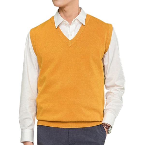 Men's V-Neck Sleeveless Warm Sweater Vest in Yellow, Loose Fit, 3XL