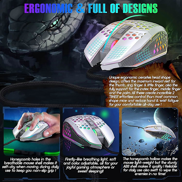 Ergonomisk Gamingmus - USB Kablet Mus med 6 DPI-nivåer / Tilpassbare Knapper / RGB Bakgrunnsbelysning - for Windows 7/8/10/XP, Vista, Linux, PC/Mac/Laptop