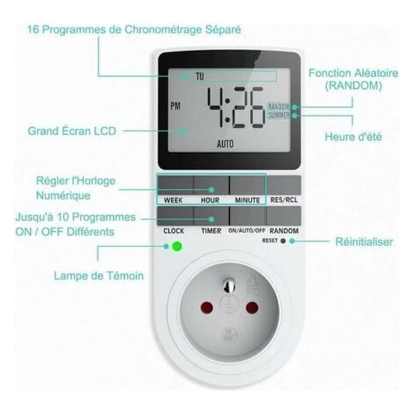 Digital Programmerbar Stikkontakt – 12H/24H Ugentlig Timer – LCD-skærm – Op til 10 ON/OFF-programmer – Energibesparende for apparater op til 3680W