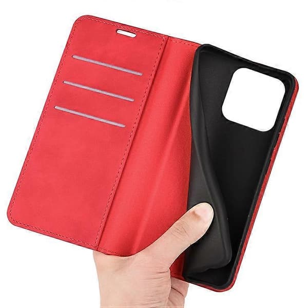 Kompatibel med iPhone 15 Ridsefast PU-læderpungcover med stativfunktion Red